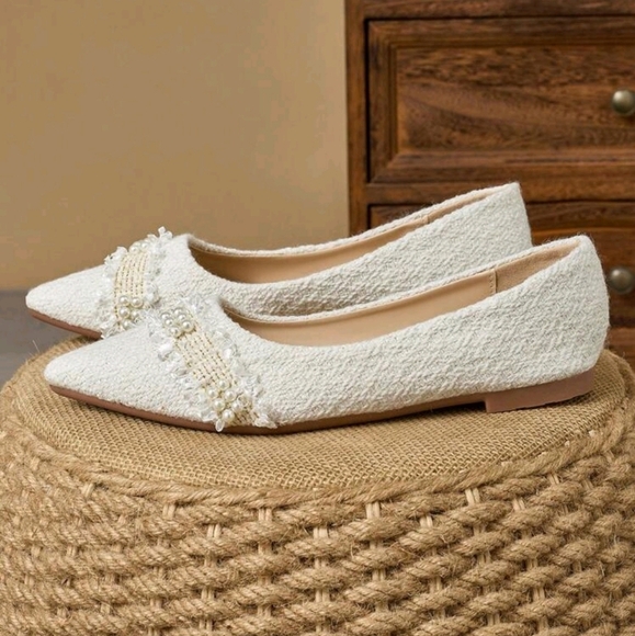 Women's Pointed Toe Flat Shoes,French Style Slip-On Faux Pearl Party/Work Shoes - Picture 4 of 6